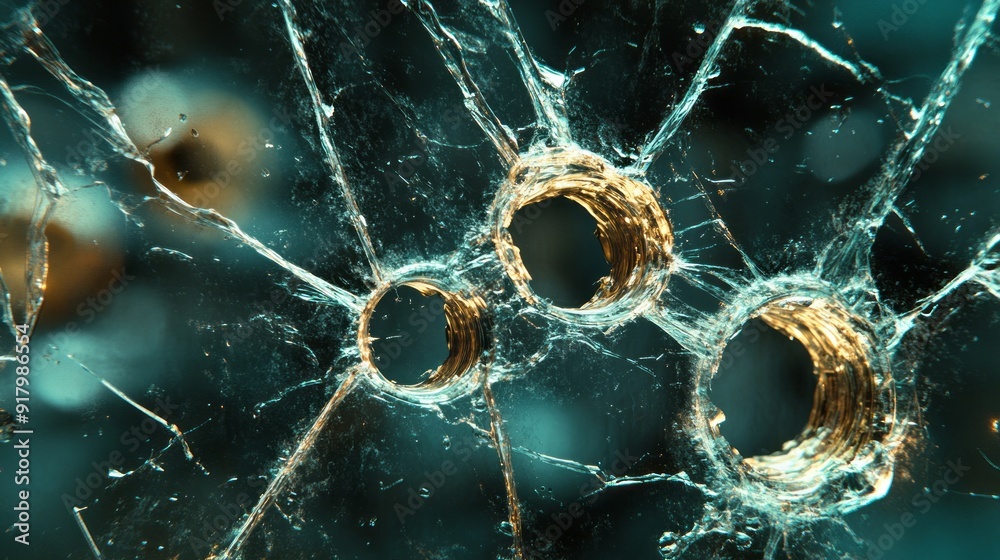 Poster a close up of a shattered window with three holes in it