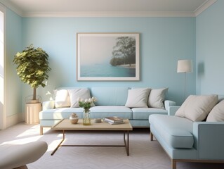 Light blue sofa with white pillows, wooden coffee table with flowers and books, and a floor lamp in a room with a large framed beach picture.