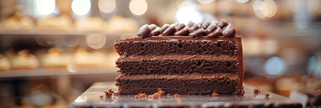 A slice of chocolate cake with frosting, sitting on a wooden board.