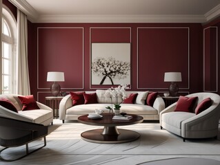 Fototapeta premium Luxurious living room with burgundy walls, white sofa and armchairs, a coffee table with magazines and a vase with white flowers.