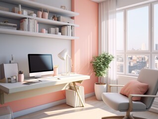 Fototapeta premium Minimalist home office with a pink wall, a white desk, and a computer.