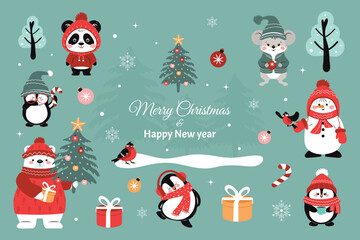 A festive Christmas set for a postcard, background, banner with a cute snowman, bear, penguins, panda, mouse, Christmas tree, gifts and birds. Vector winter design.