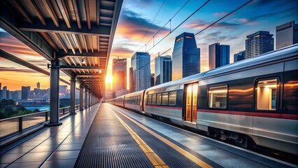 Obraz premium A sleek, modern train waits at the platform, doors open, as a blurred cityscape zooms by through the windows, conveying a sense of urgency and departure.