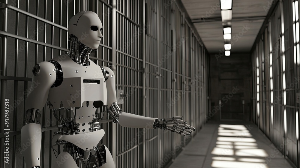 Poster futuristic prison designed for advanced android rehabilitation with innovative security measures