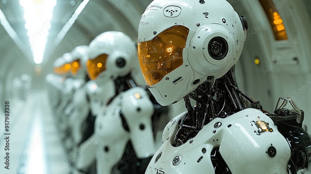 Poster advanced androids lined up in a futuristic prison facility during the day