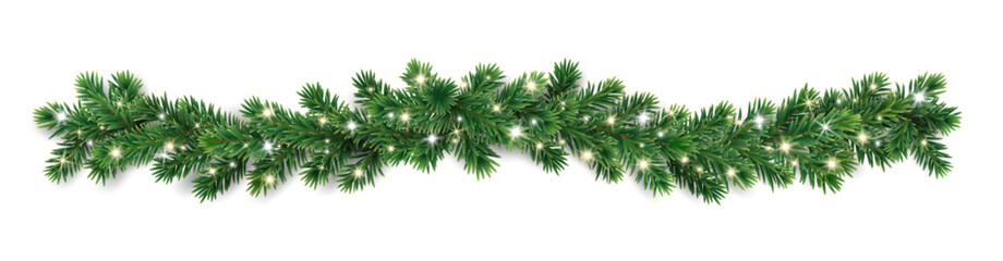Christmas tree garlands on transparent background. Realistic pine-tree branches with glowing sparkling Christmas lights decoration. Vector border for holiday banners, party posters, cards, headers.