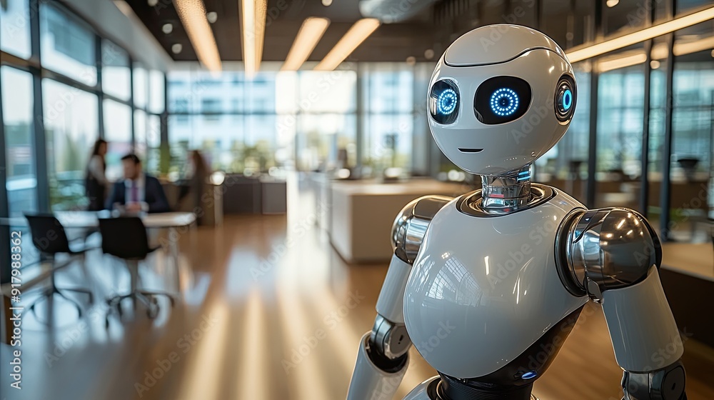 Poster robot collaborating in a modern corporate office environment during the day