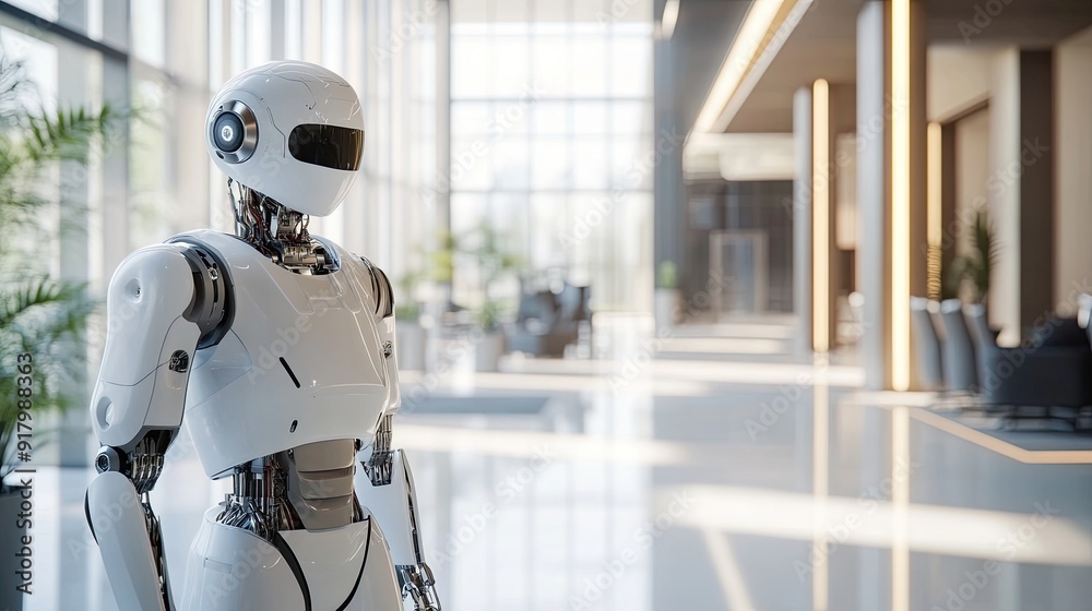 Poster robot conducting tasks in a modern corporate office with advanced technology
