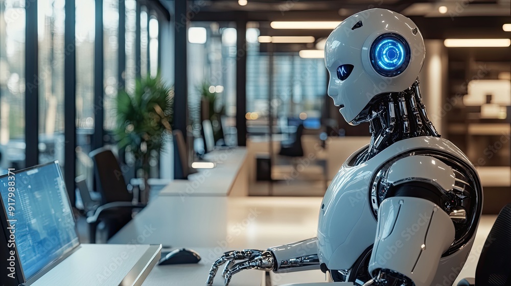 Poster Robot Collaborating in a Modern Office Space During Daytime With Advanced Technology and a Dynamic Atmosphere