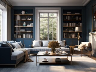 Fototapeta premium Modern living room with a blue couch, white armchair, and a wooden coffee table with a vase of dried flowers.