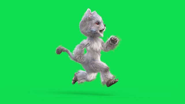Evil Humanoid Cat Green Screen Runcycle Loop Side Horror 3D Animation Rendering CGI Fur