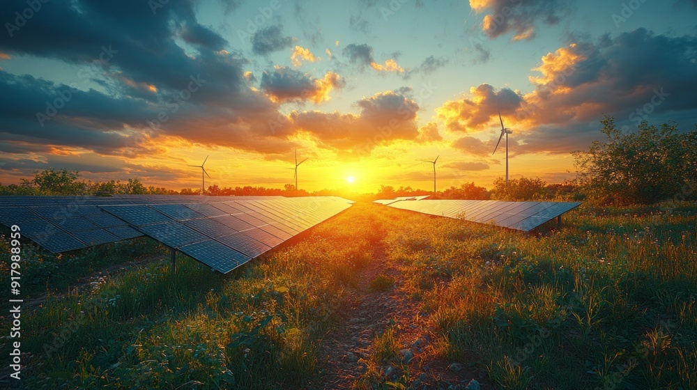 Poster a field of solar panels with the sun setting in the background