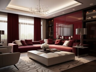 Fototapeta premium Modern living room with burgundy walls, sectional sofa, white coffee table, and a large flat-screen tv.