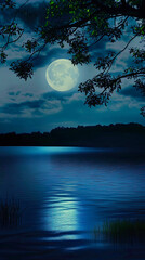 A Serene Night by the Lake Under a Bright Full Moon With Gentle Waves and Soft Reflections