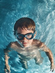 Naklejka premium Boy Swimming in Pool Wearing Goggles
