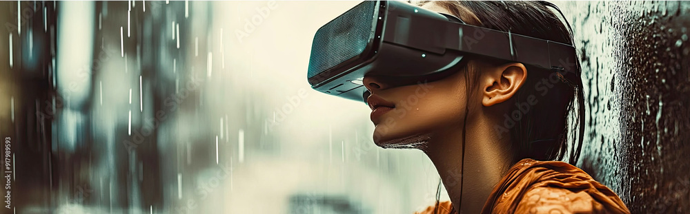 Poster woman in vr glasses exploring a virtual rain environment in a futuristic setting