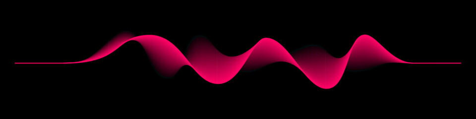 Abstract sound rhythm wave vector illustration. Pink red flowing waveform isolated on black background creating vibrant and dynamic visual effect. Modern digital design element.