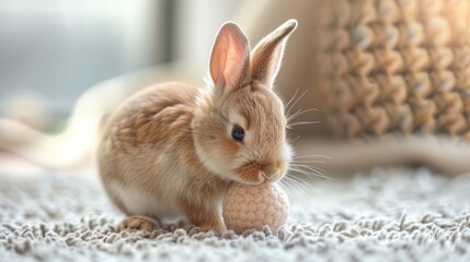 Obraz premium A small brown rabbit sits on a soft white carpet, looking to the side