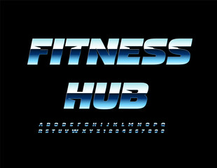 Vector silver advertisement Fitness Hub. Unique Metallic Font. Trendy Alphabet Letters and Numbers set.
