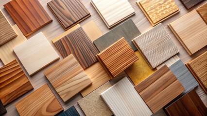 Assorted wooden swatches in various textures and tones, neatly arranged on a neutral background, showcasing natural grain patterns and versatility of wooden materials.