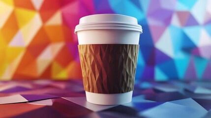 A takeaway coffee cup is positioned against a vibrant, colorful geometric background, highlighting the disposable beverage container concept