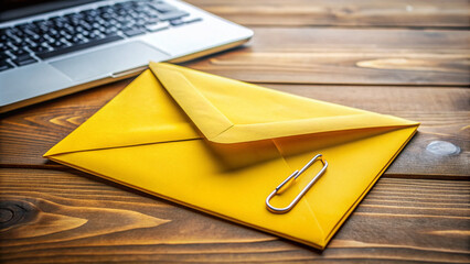 Bright yellow envelope with a paper clip and a few loose papers spilled out, sitting on a modern wooden desk with a blurred laptop screen.