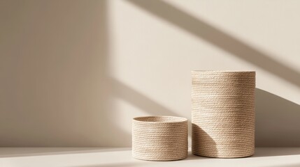 Clean cylindrical basket in rush material, minimalist style, subtle natural tones, fine woven texture, smooth and simple