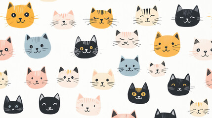seamless pattern with cats, set of cats, faces of various cat species, seamless pattern made up of cat face