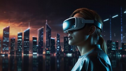 photo of a woman using a virtual reality device with a virtual digital background made by AI generative