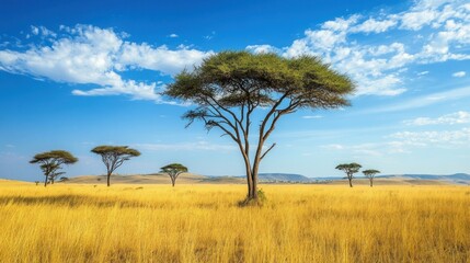 Obraz premium A solitary acacia tree in a vast, golden grassland under a blue sky with white clouds