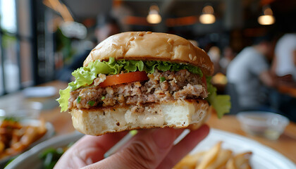 Close-up of a hand holding a half-eaten burger with lettuce and tomato, showcasing a casual dining experience