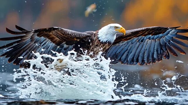 Eagle flying and catching fish, snow background