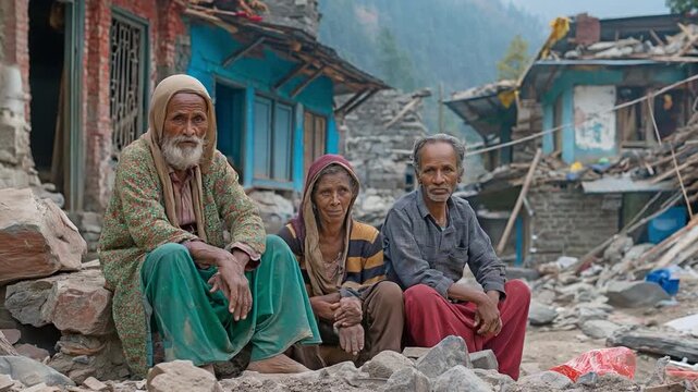 People without homes in front of homes that have been devastated by an earthquake or a war missile attack
