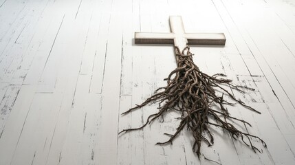 A cross with intertwining roots