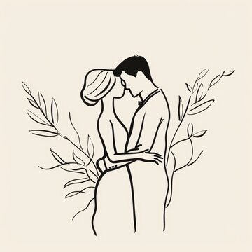 recommend clip art: Line Art Illustration of Couple Embracing with Floral Decor