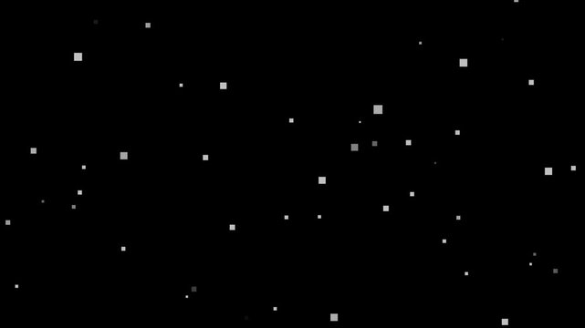 Black background with small white squares scattered randomly, seamless looping animation, perfect for minimalist designs.