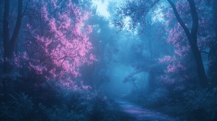 Fototapeta premium A forest with pink trees and a path