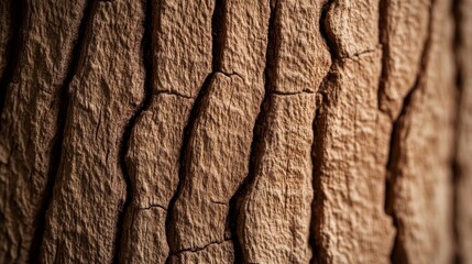 Close-up of a tree's rough bark with deep grooves, capturing the intricate textures and natural colors. The raw, untreated wood gives a sense of organic purity