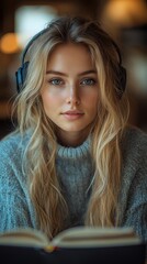 Business Woman Working from Home with Headphones Generative AI