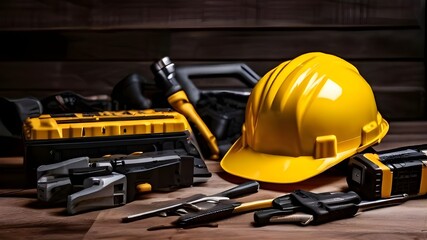 Labor day tools and equipment for work DIY in construction site place, construction helmet and tools.