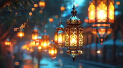 Obraz premium Enchanting Illuminated Lantern with Bokeh Light Background