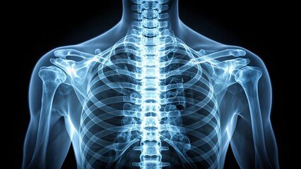 Detailed X-ray image of a healthy thoracic spine showing T1 to T12 vertebrae in perfect alignment, surrounded by soft tissue and ribcage.