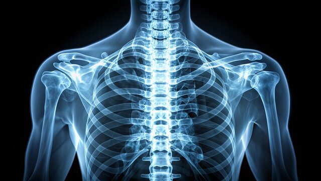 Detailed X-ray image of a healthy thoracic spine showing T1 to T12 vertebrae in perfect alignment, surrounded by soft tissue and ribcage.