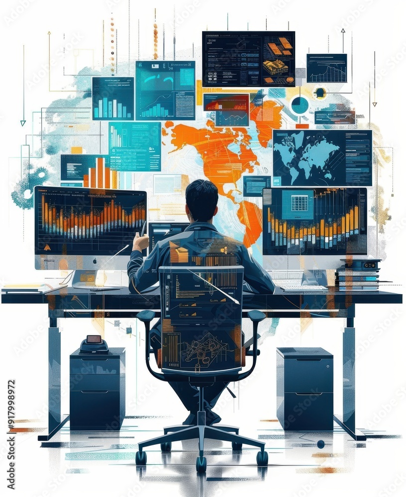 Poster man analyzing data with monitors displaying charts and world map