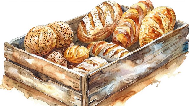 Bakery box with assorted bread,Clipart, watercolor illustration, Perfect for nursery art The style is hand  drawn, white background