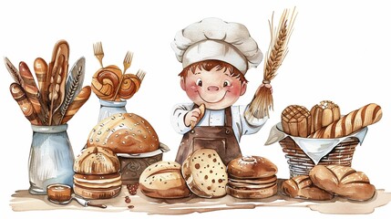 Bakery pastry chef with bread creations,Clipart, watercolor illustration, Perfect for nursery art The style is hand  drawn, white background