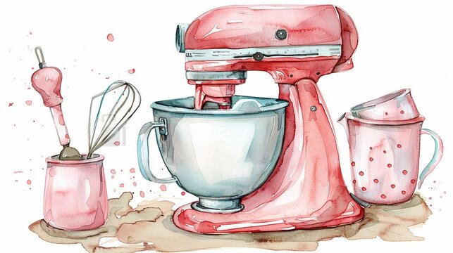 Bakery Mixer With Dough Hook,Clipart, Watercolor Illustration, Perfect For Nursery Art The Style Is Hand  Drawn, White Background