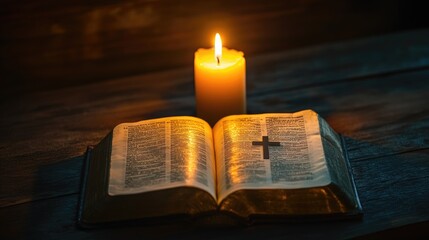 An open Bible with a cross in the middle, softly illuminated by candlelight, resting on a wooden table, symbolizing Christian devotion.