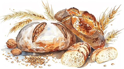 Multigrain bread with various grains,Clipart, watercolor illustration, Perfect for nursery art The style is hand  drawn, white background