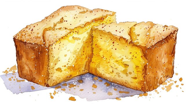 Cornbread with a crumbly texture,Clipart, watercolor illustration, Perfect for nursery art The style is hand  drawn, white background